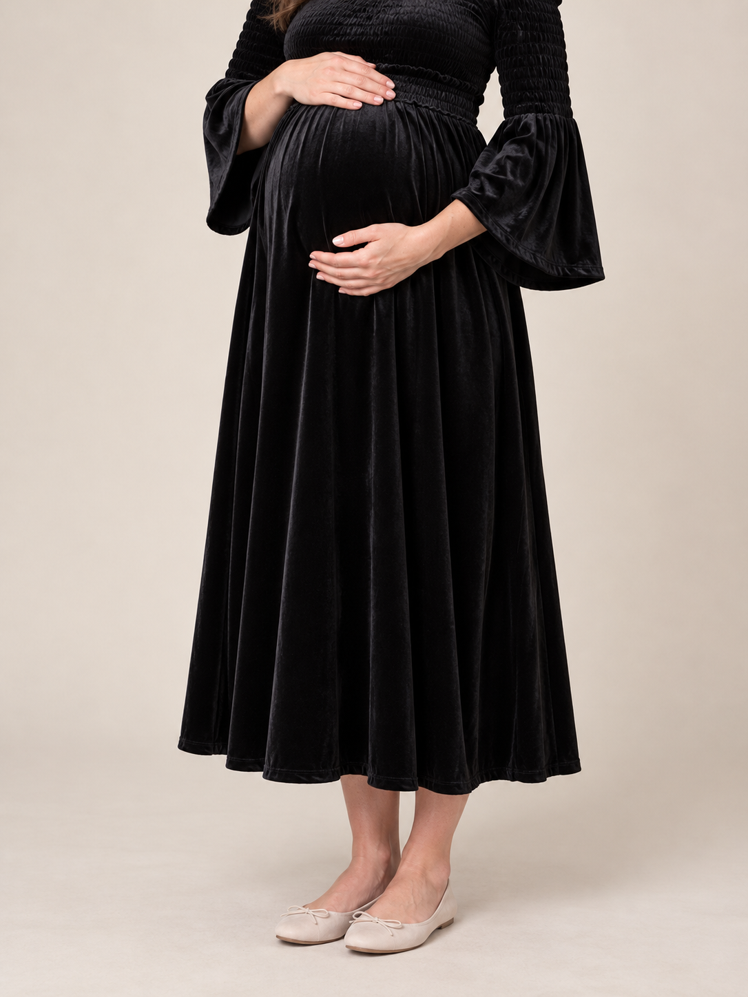 Talia Black maternity dress — full-length front view of the flowing A-line skirt