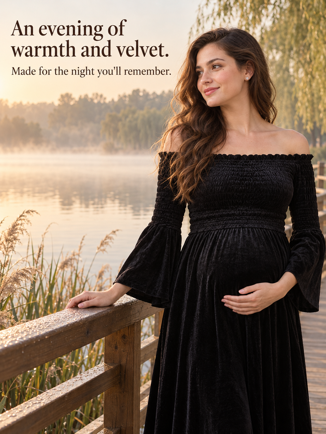 Talia Black maternity dress — leaning on a railing at a lakeside evening