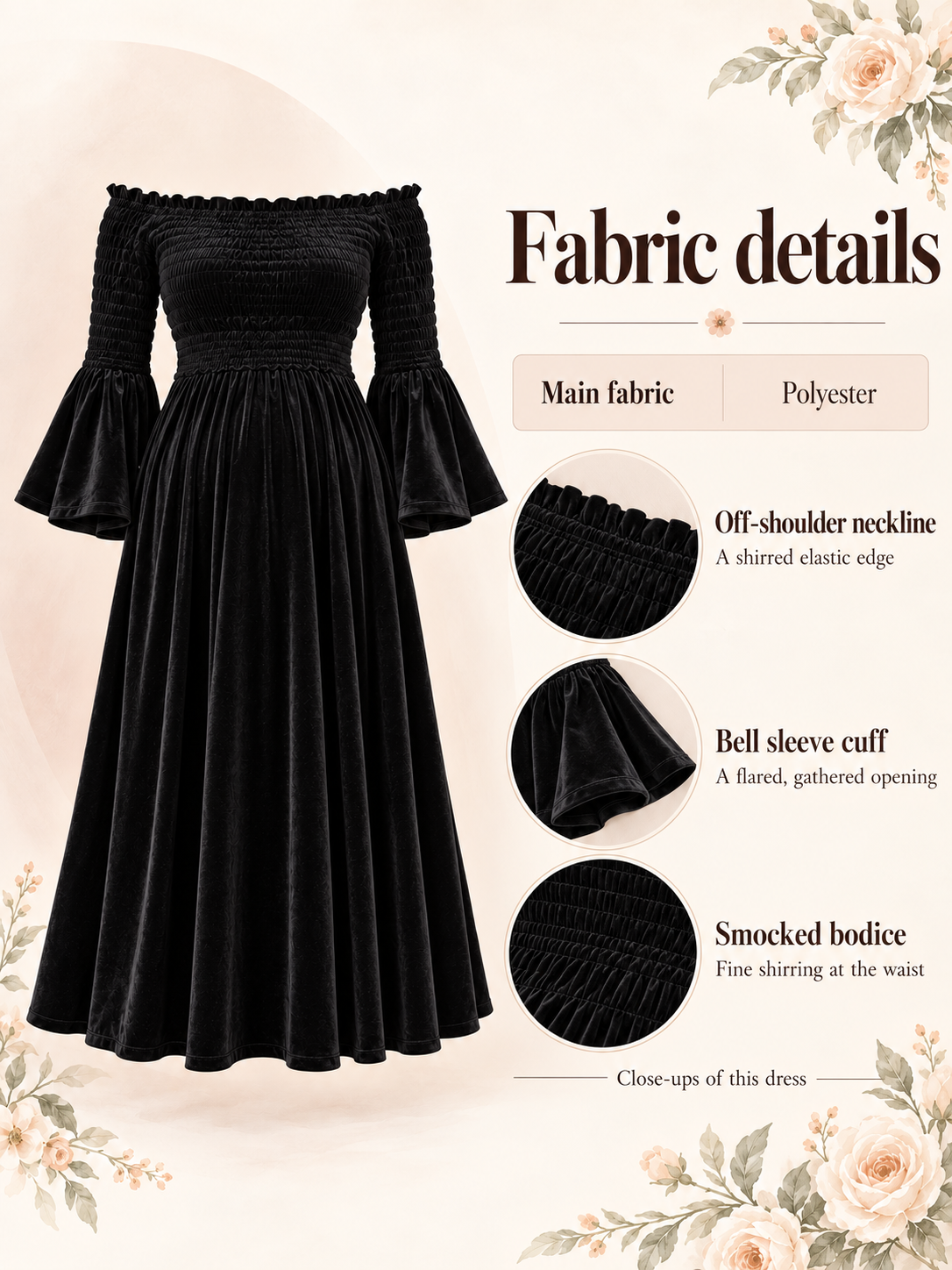 Talia Black maternity dress — material guide showing the velvet, off-shoulder neckline and bell sleeve cuff