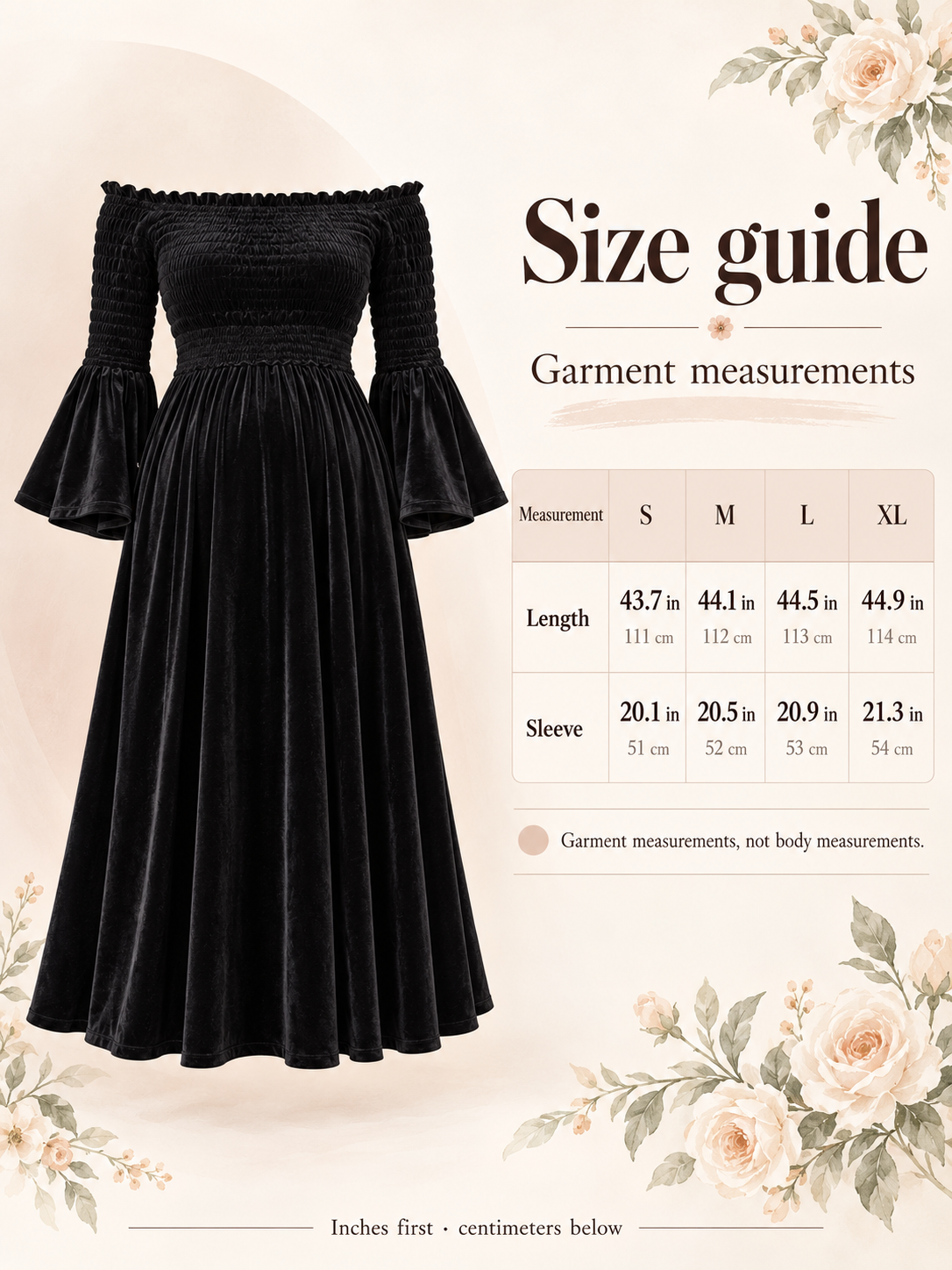 Talia Black maternity dress — size guide with S to XL length and sleeve measurements in inches and centimeters