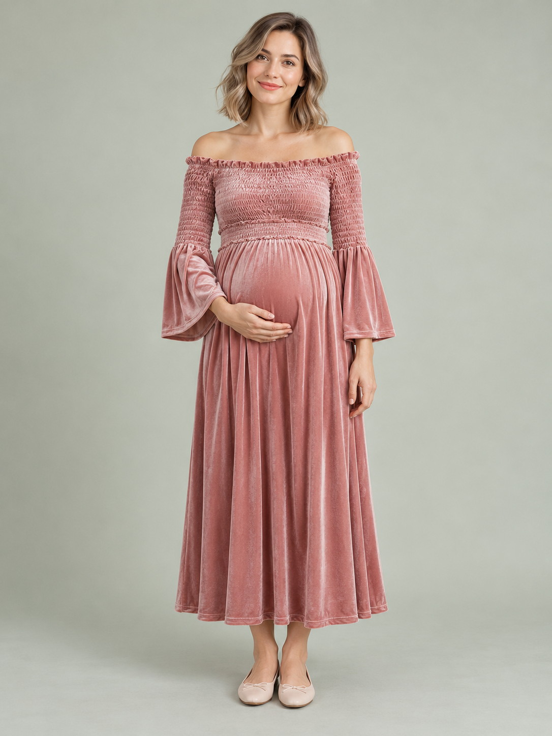 Talia Dusty Rose maternity dress — front view with off-shoulder smocked bodice and bell sleeves
