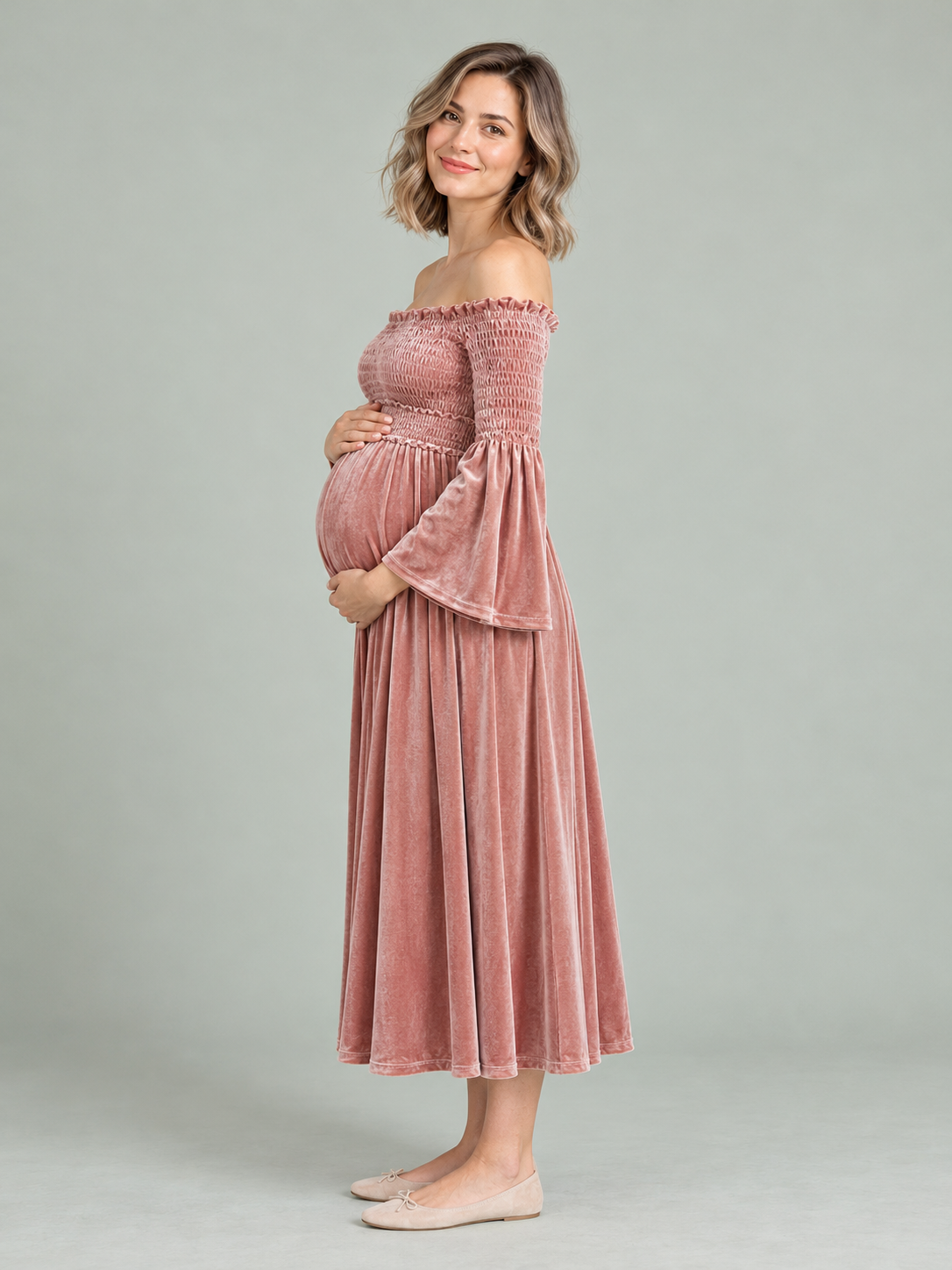 Talia Dusty Rose maternity dress — side profile showing the fitted bodice and bump