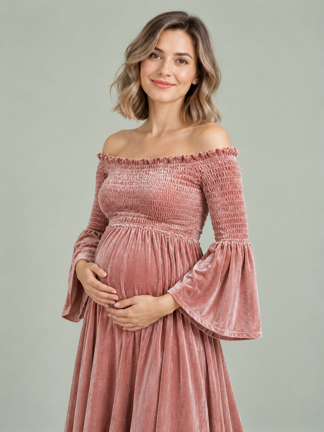 Talia Dusty Rose maternity dress — close-up front view with bell sleeve and smocked waist