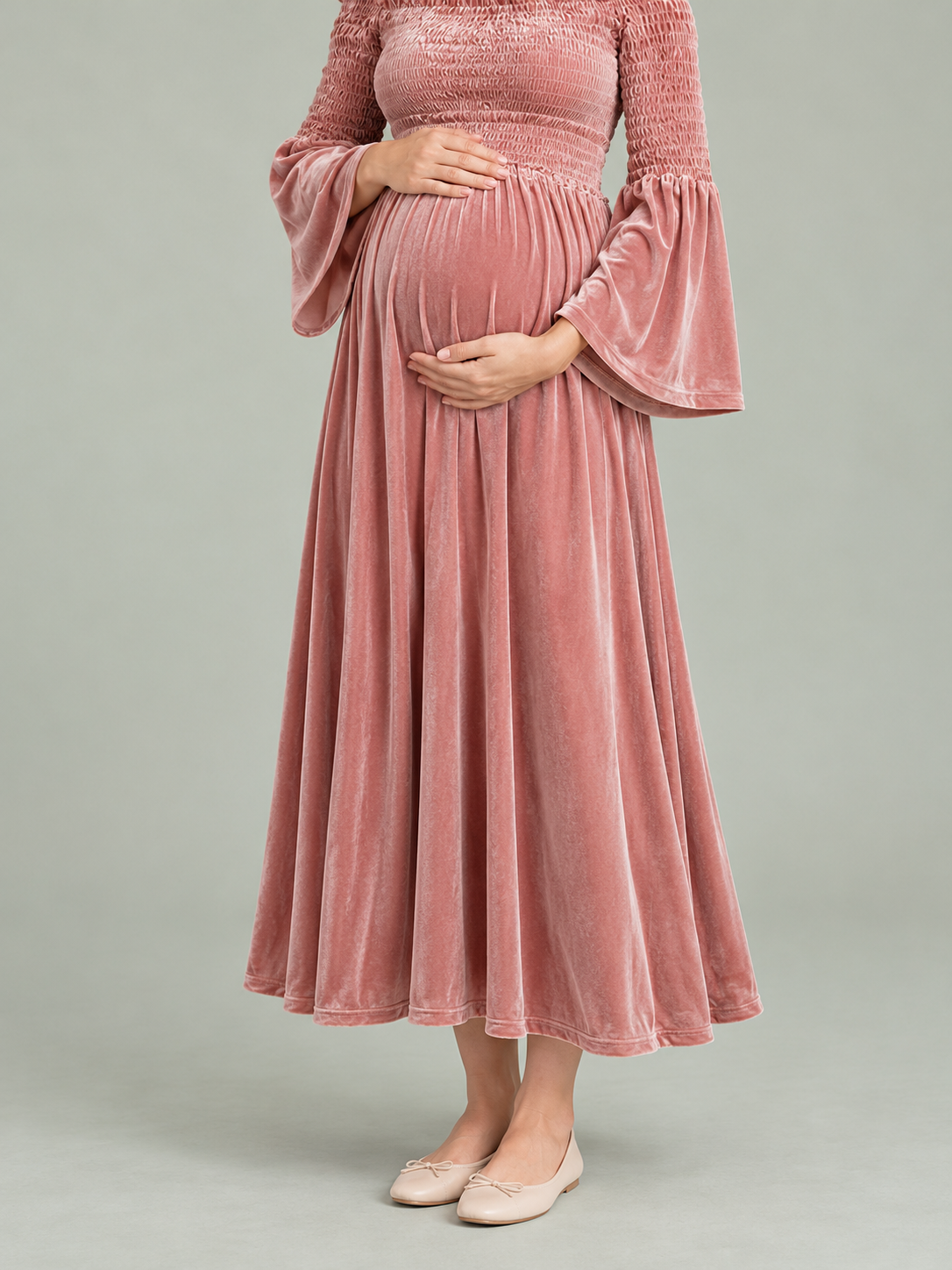 Talia Dusty Rose maternity dress — full-length front view of the flowing A-line skirt