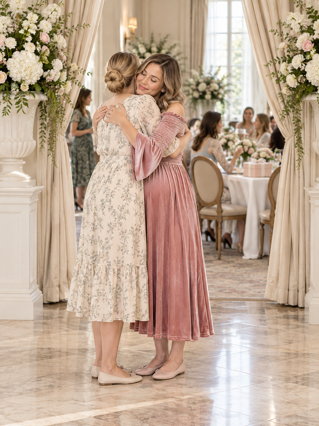 Talia Dusty Rose maternity dress — being embraced by a friend at an indoor floral celebration