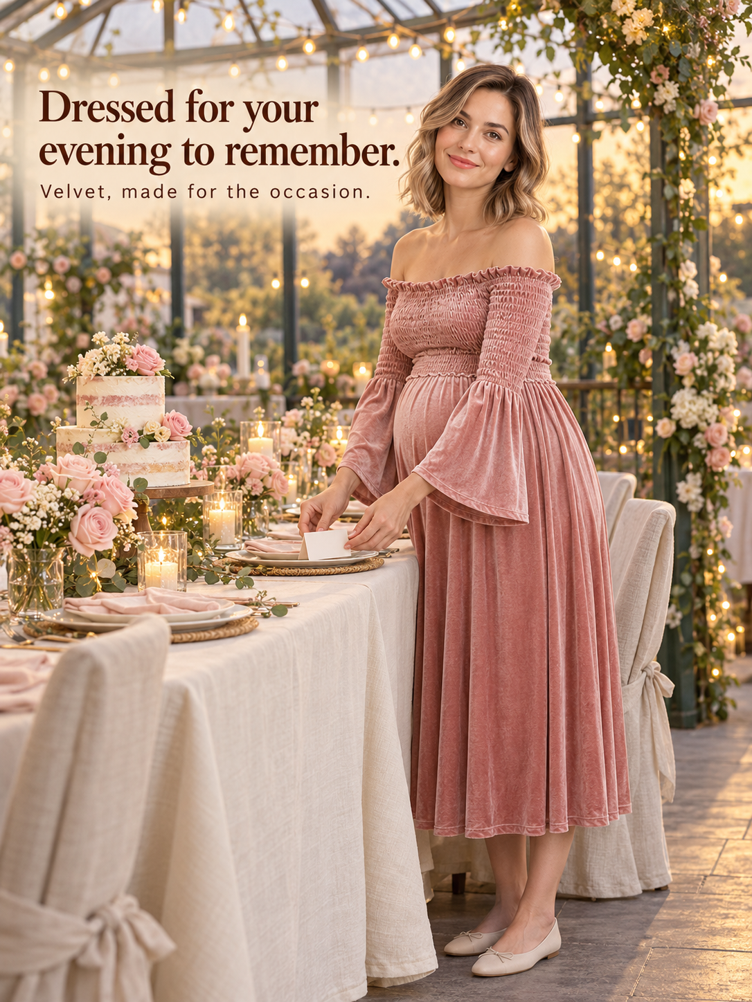 Talia Dusty Rose maternity dress — standing at a candlelit garden dinner party at dusk