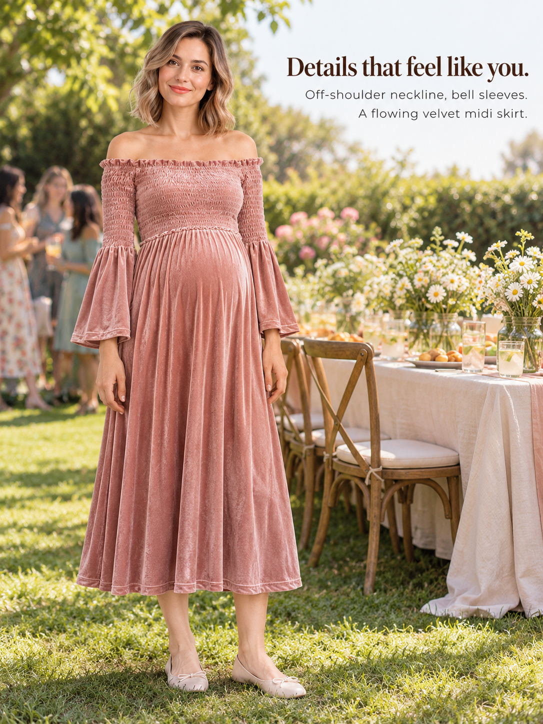 Talia Dusty Rose maternity dress — standing at an outdoor garden party with a long dinner table