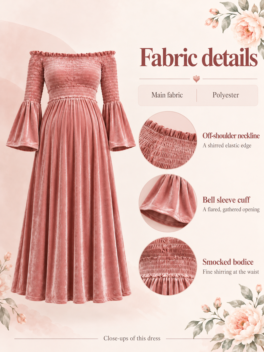 Talia Dusty Rose maternity dress — material guide showing the velvet, off-shoulder neckline and bell sleeve cuff