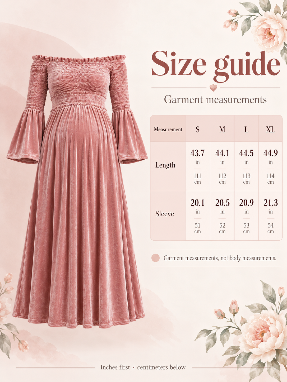 Talia Dusty Rose maternity dress — size guide with S to XL length and sleeve measurements in inches and centimeters
