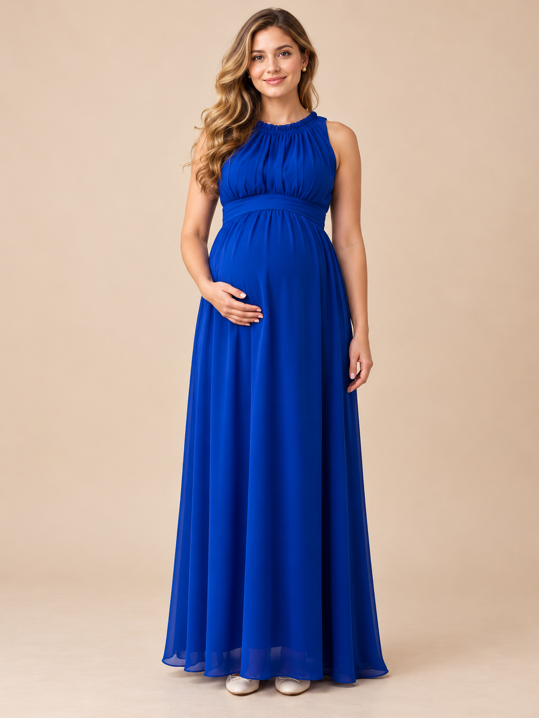 Annelise Royal Blue maternity dress — front view with gathered round neckline and flowing maxi skirt