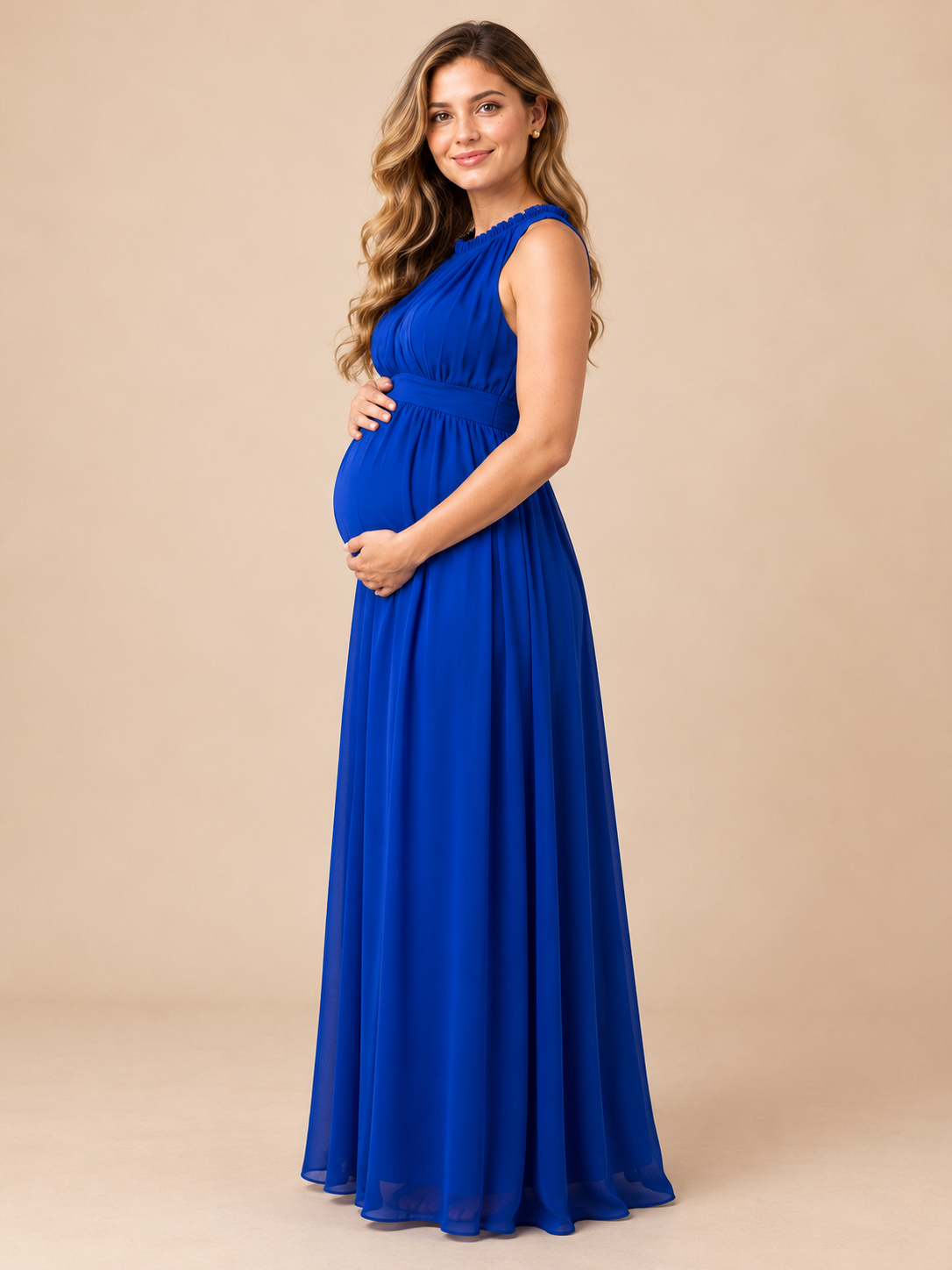 Annelise Royal Blue maternity dress — side view of the tie waist and flowing silhouette