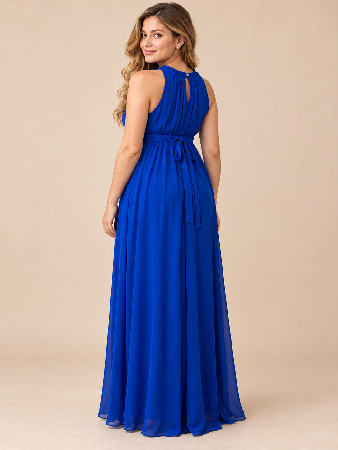 Annelise Royal Blue maternity dress — back view of the keyhole button closure