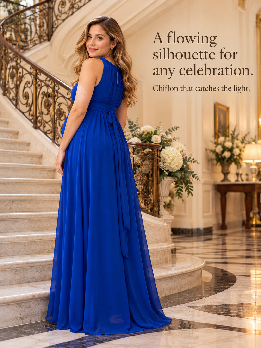 Annelise Royal Blue maternity dress — standing on a staircase in a grand foyer