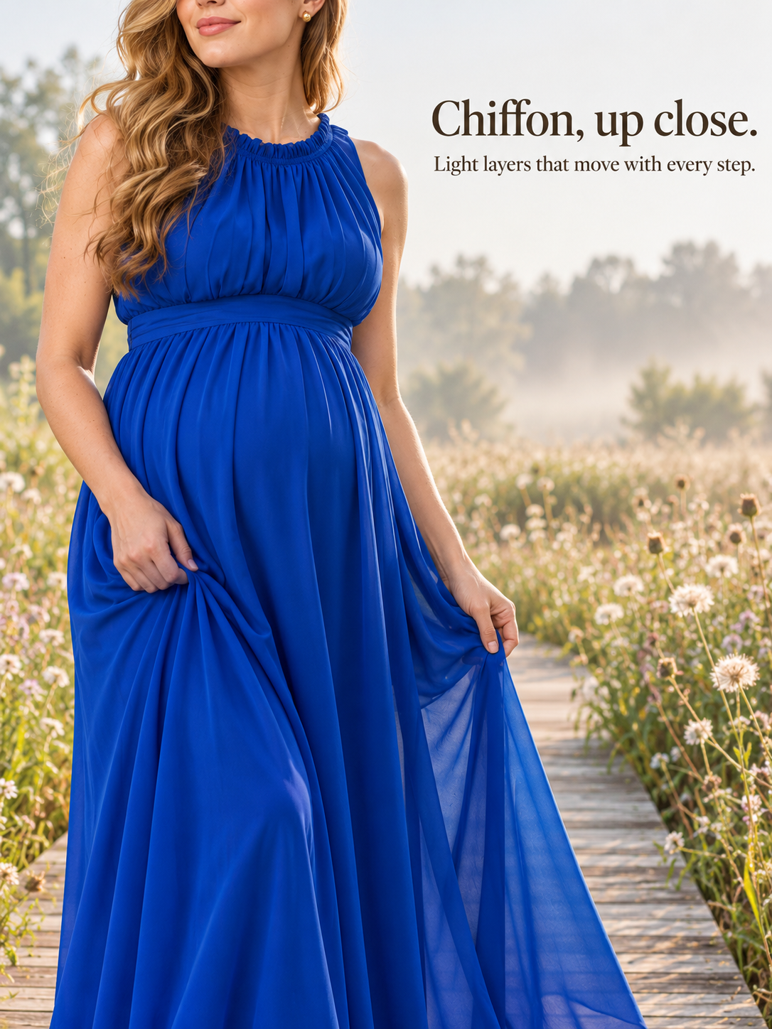 Annelise Royal Blue maternity dress — walking along a wildflower path, skirt flowing