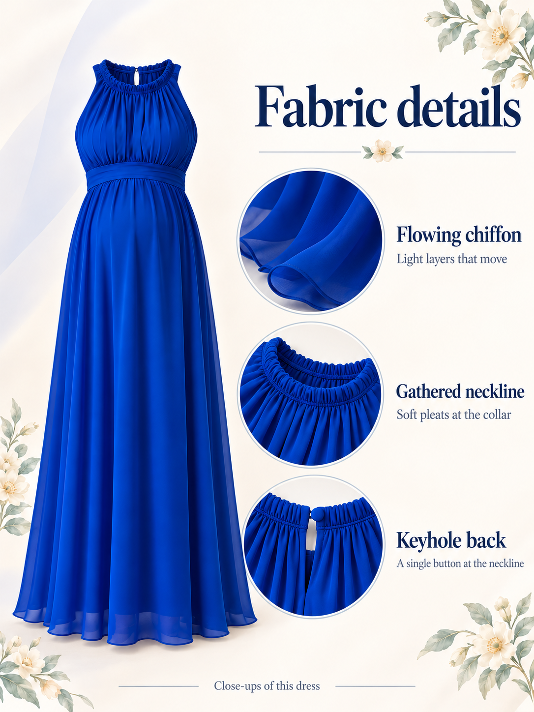 Annelise Royal Blue maternity dress — material guide showing flowing chiffon, the gathered neckline and the keyhole back