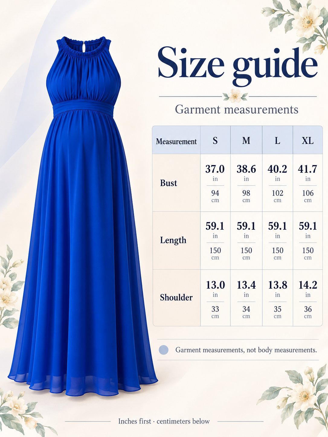 Annelise Royal Blue maternity dress — size guide with S to XL garment measurements in inches and centimeters