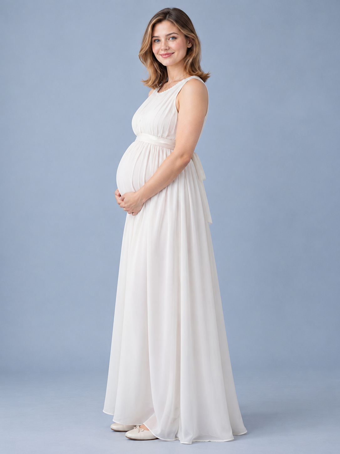 Annelise Ivory maternity dress — side view of the tie waist and flowing silhouette