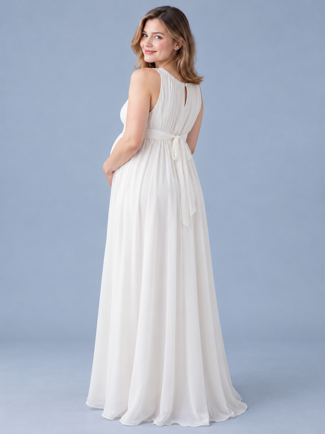 Annelise Ivory maternity dress — back view of the keyhole button closure and tie