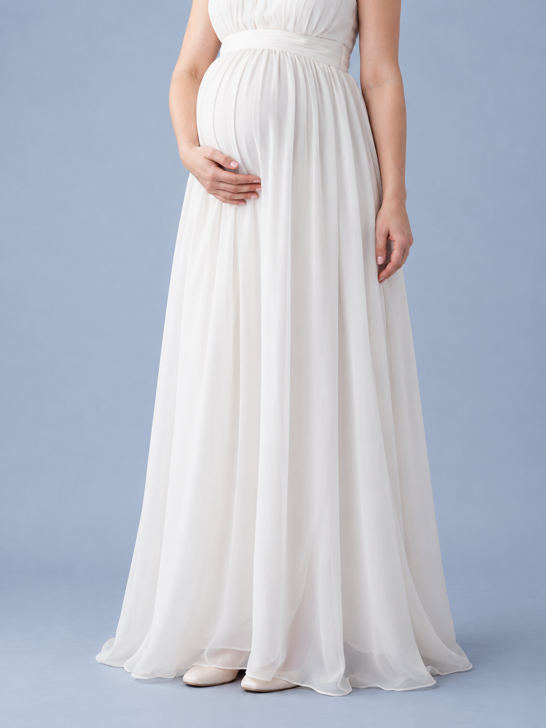 Annelise Ivory maternity dress — close-up of hands resting on the bump