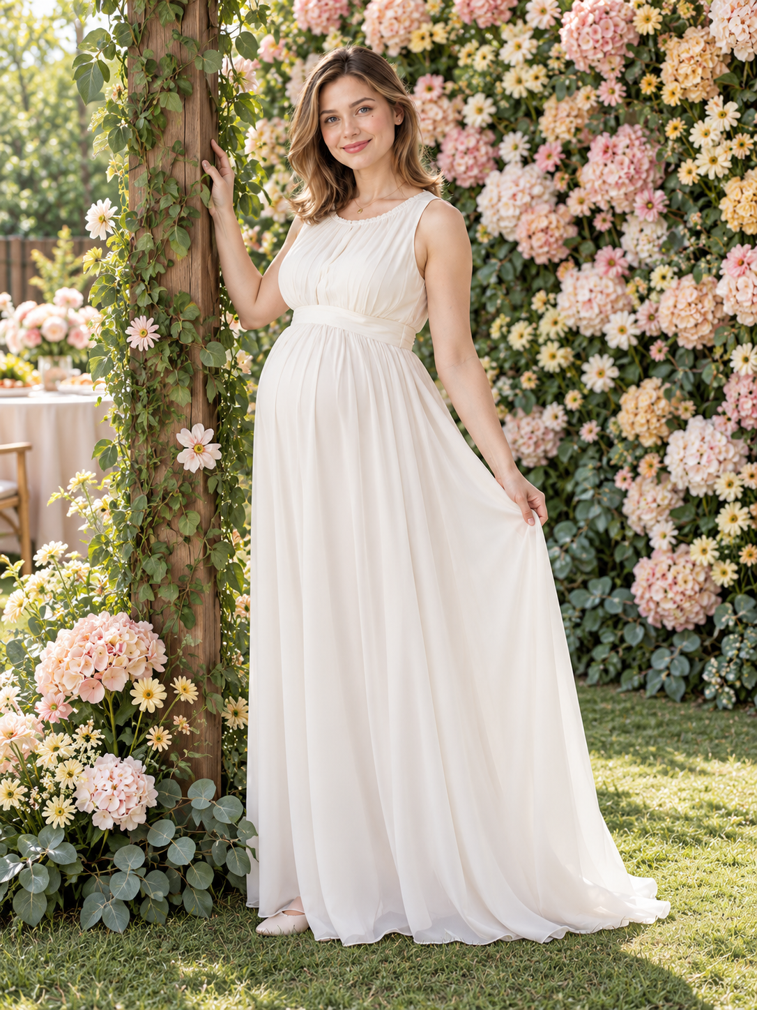 Annelise Ivory maternity dress — standing at a flower-covered garden arch