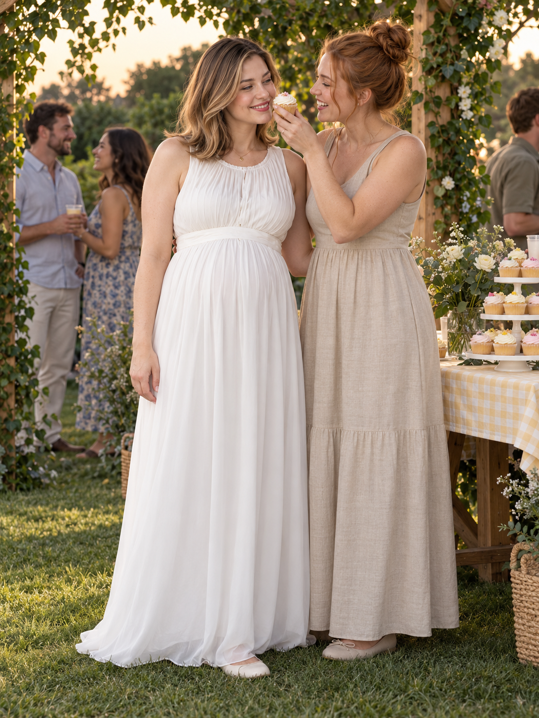 Annelise Ivory maternity dress — a friend sharing a bite at an outdoor baby shower