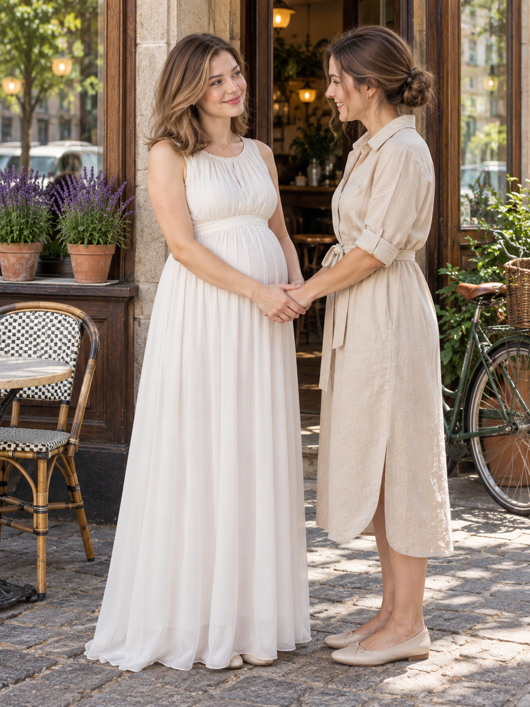 Annelise Ivory maternity dress — greeting a friend at a doorway before a gathering