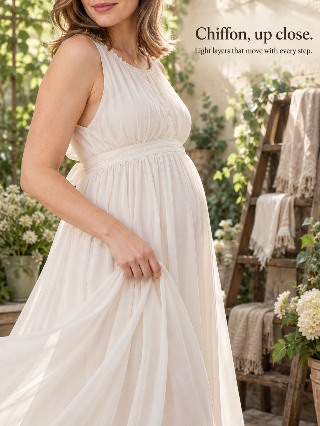 Annelise Ivory maternity dress — chiffon skirt close-up by a rustic garden ladder and hydrangeas