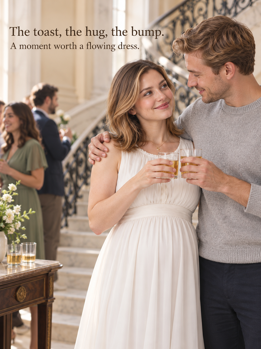 Annelise Ivory maternity dress — toasting with a partner among party guests