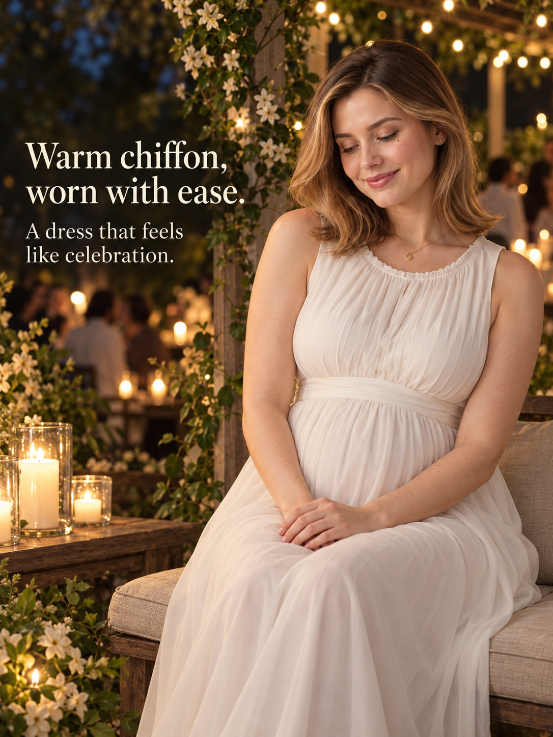 Annelise Ivory maternity dress — seated outdoors by candlelight in the evening