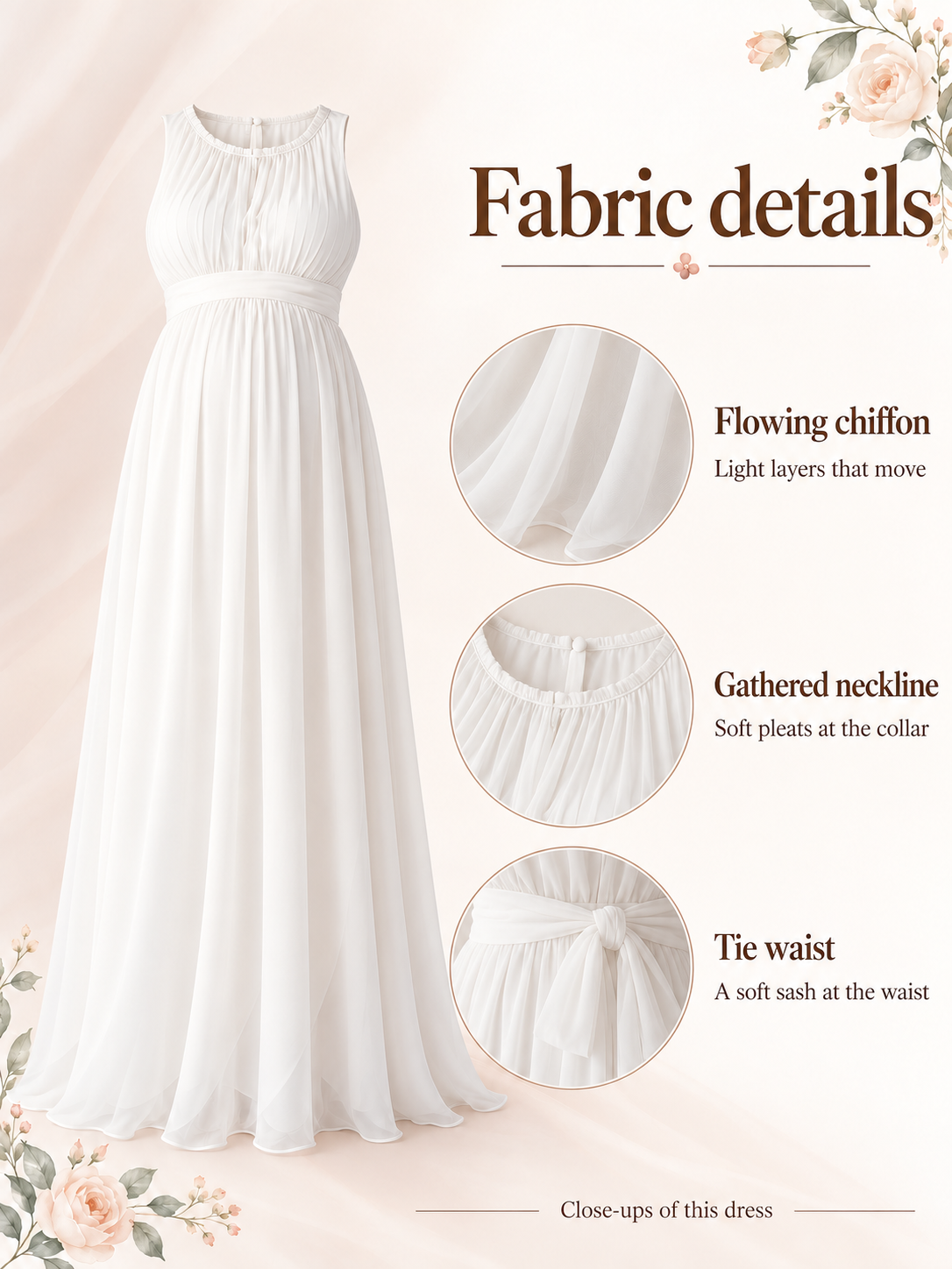 Annelise Ivory maternity dress — material guide showing flowing chiffon, the gathered neckline and the tie waist