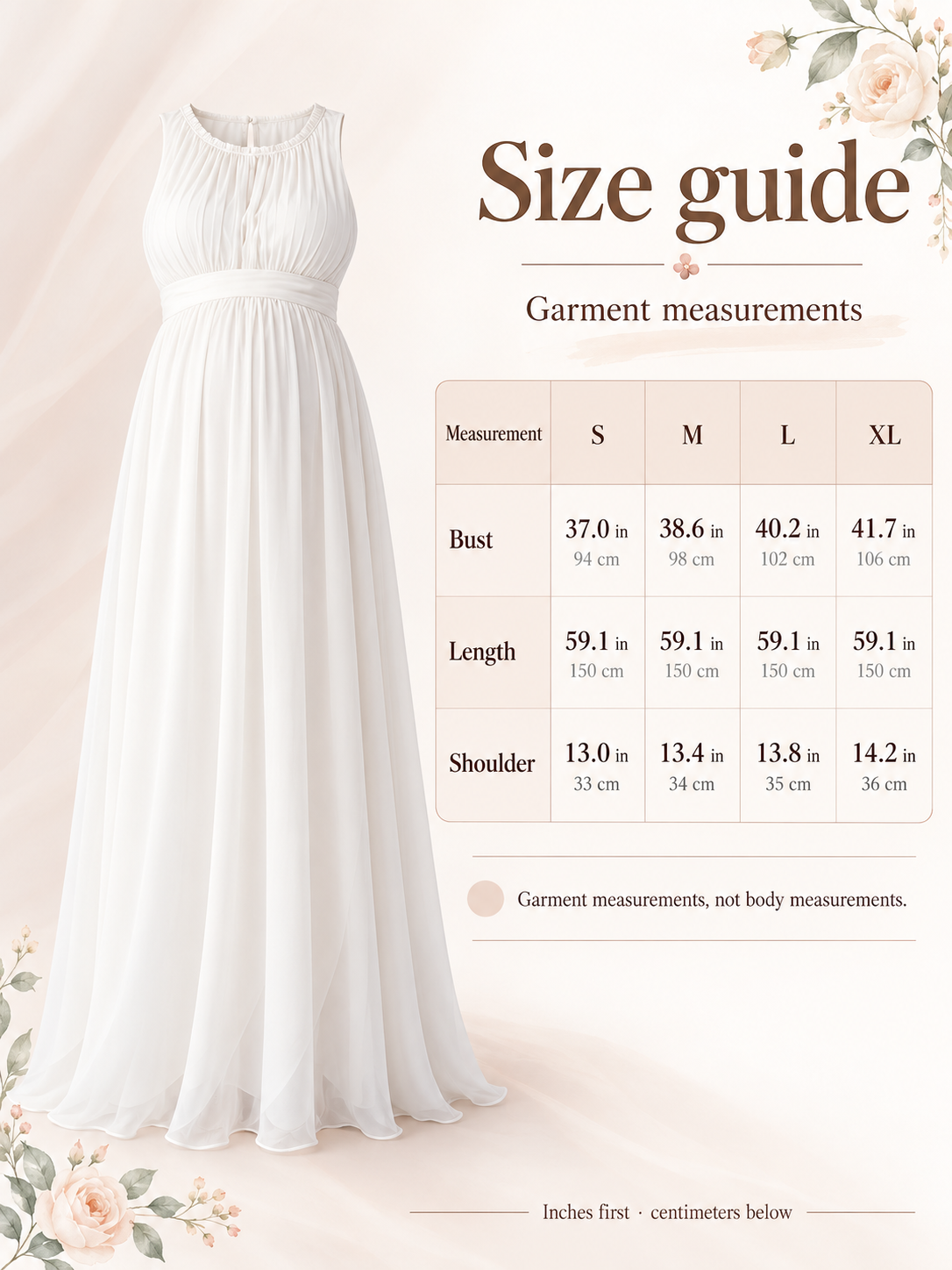 Annelise Ivory maternity dress — size guide with S to XL garment measurements in inches and centimeters