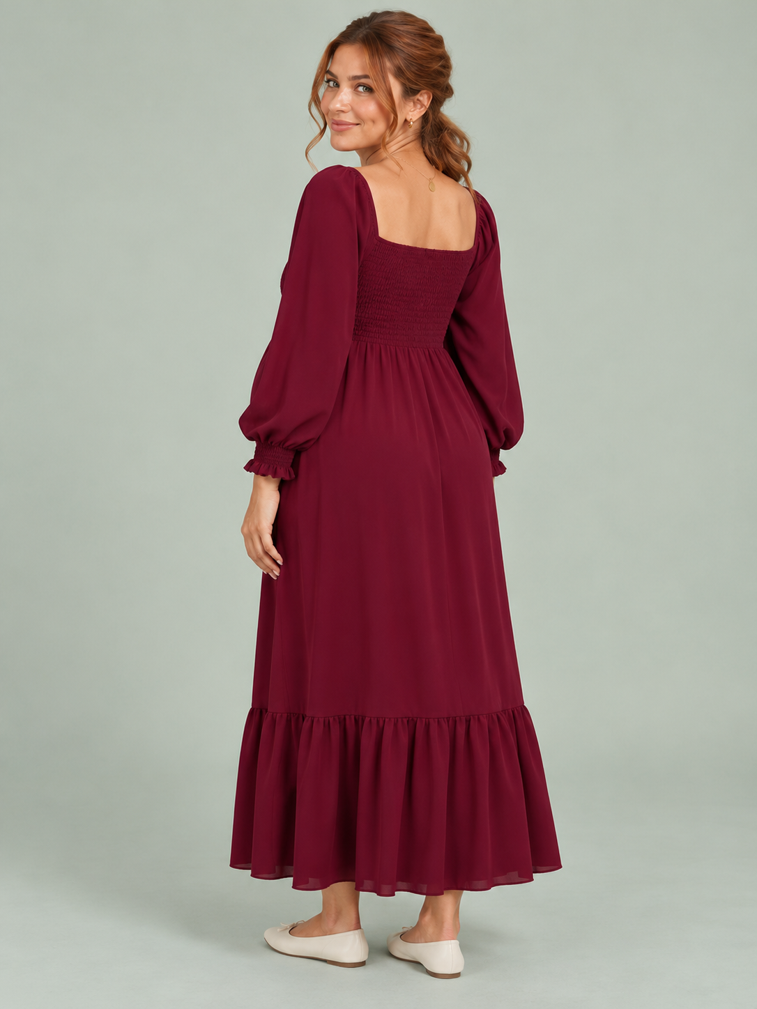 Cecily Wine Red maternity dress — back view of the shirred square neckline and skirt