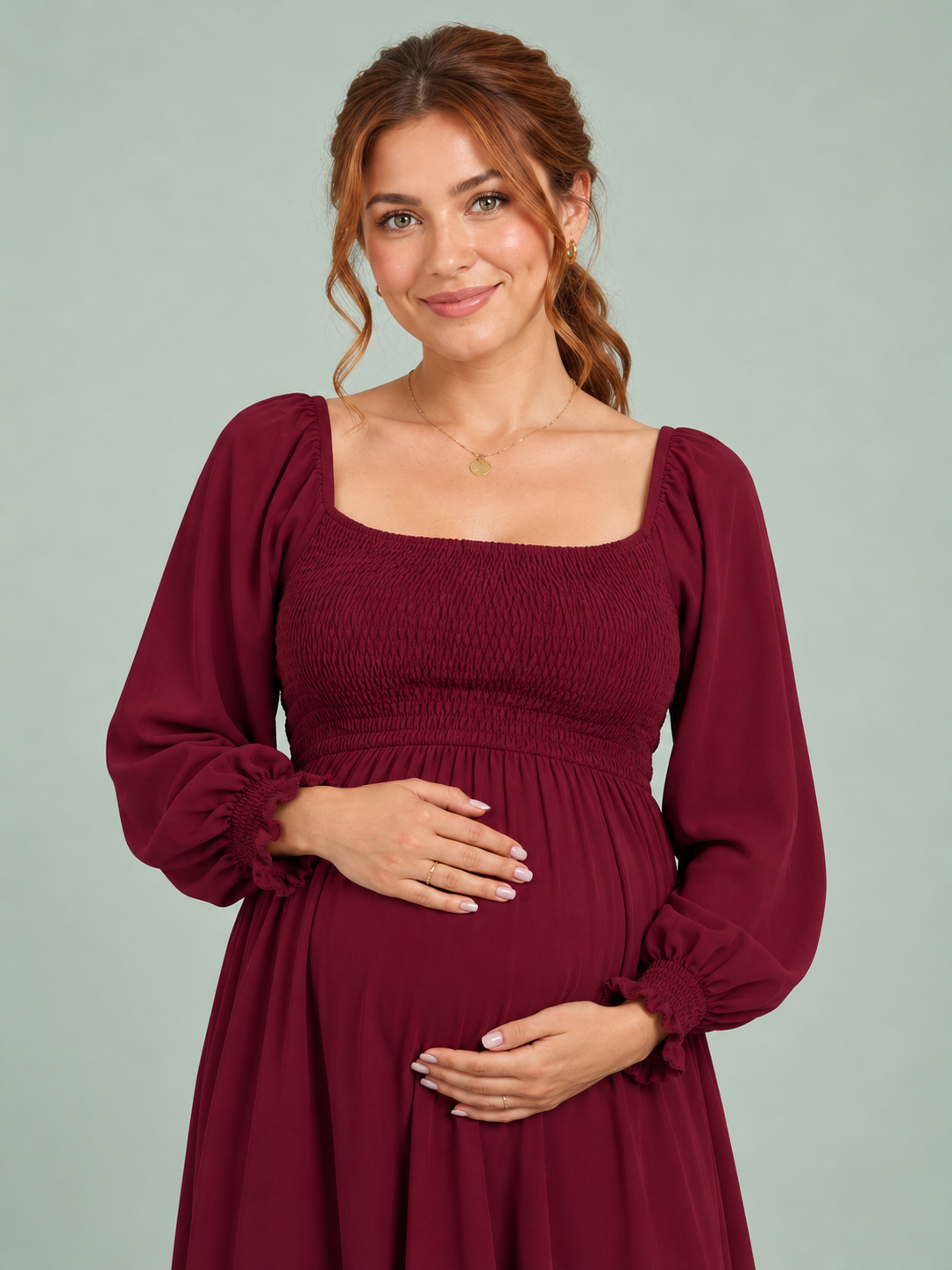 Cecily Wine Red maternity dress — square neckline and shirred bodice close-up