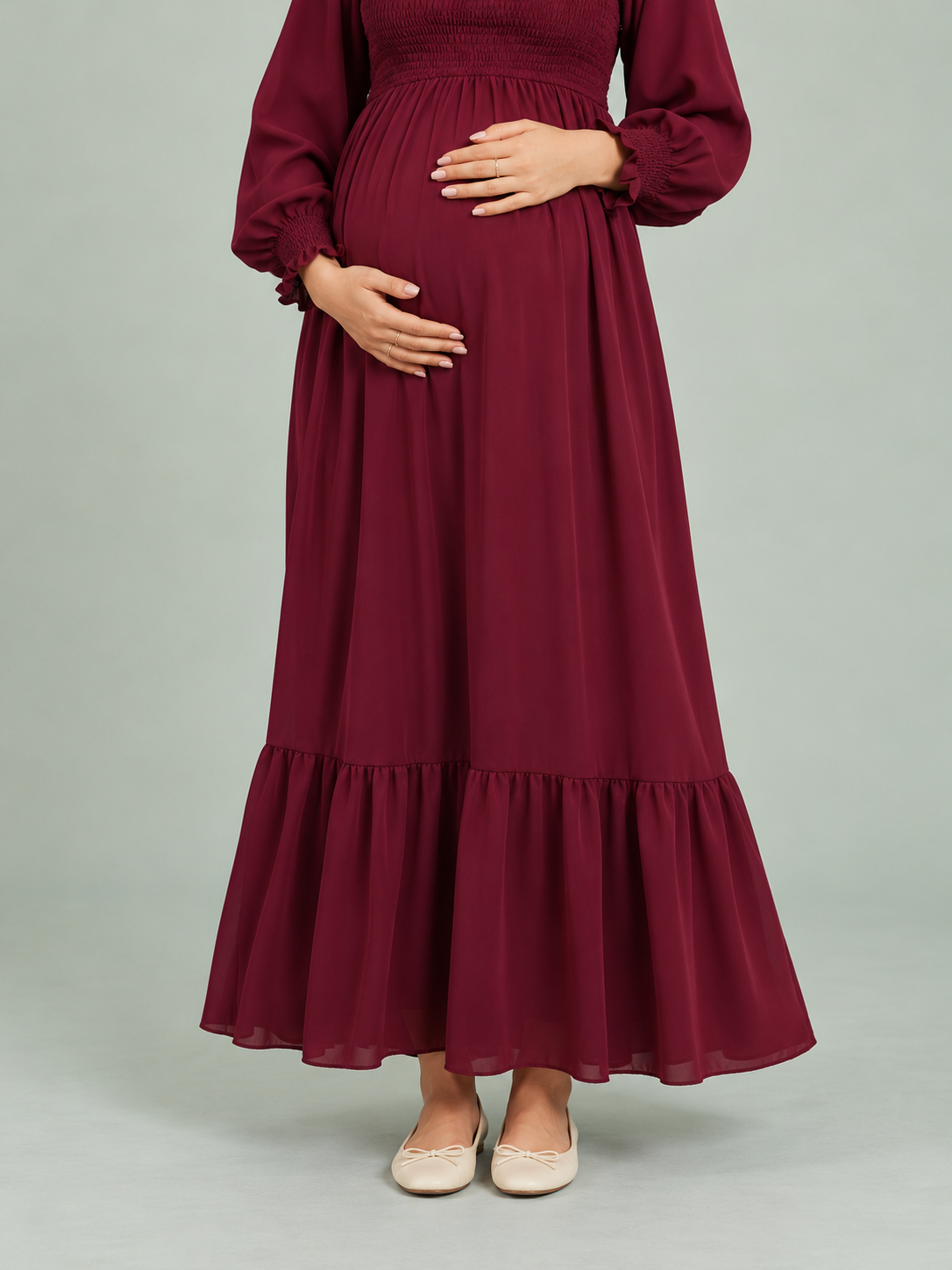 Cecily Wine Red maternity dress — shirred bodice and bump close-up