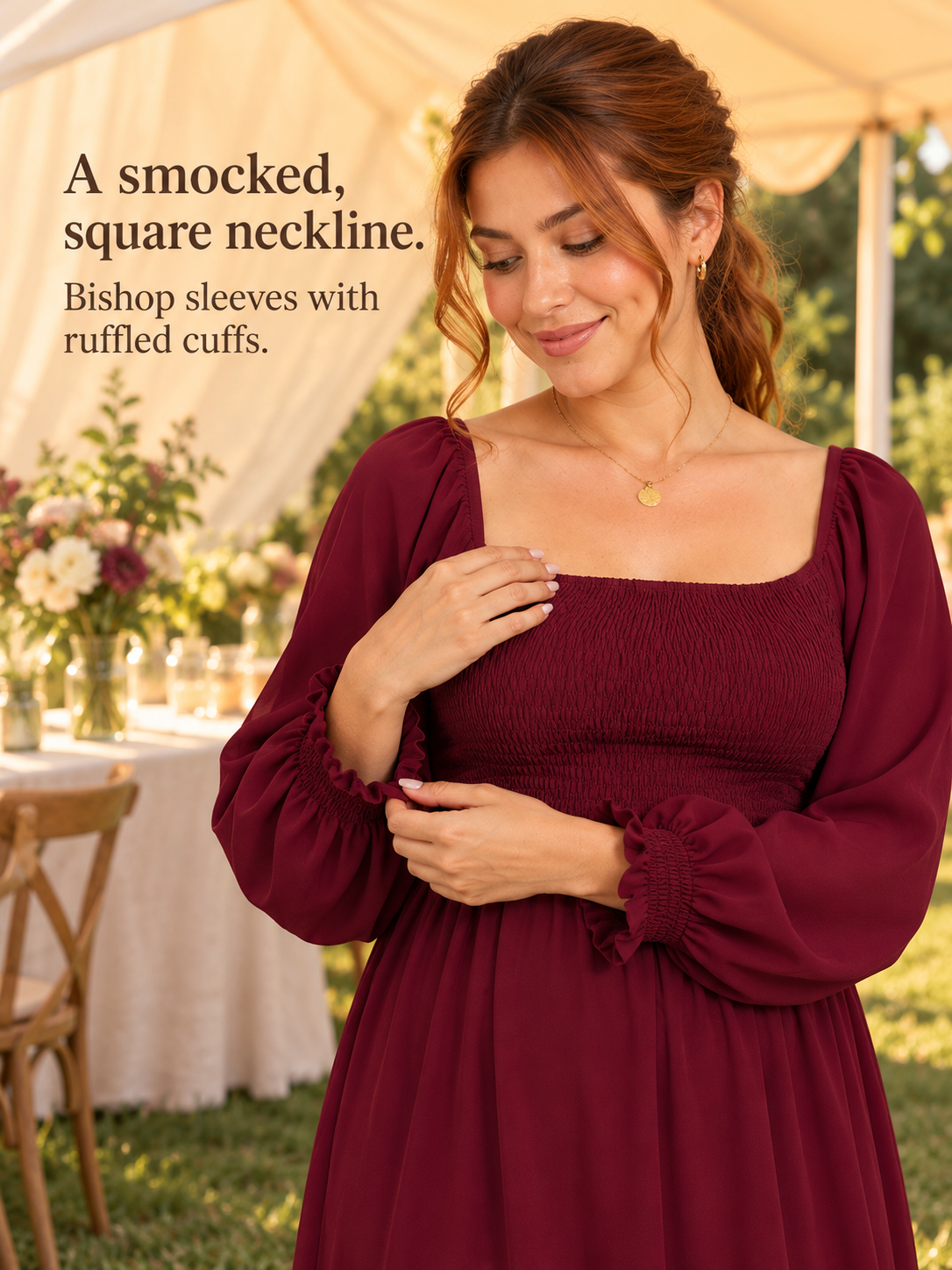 Cecily Wine Red maternity dress — smocked square neckline and bishop sleeve close-up under a garden tent