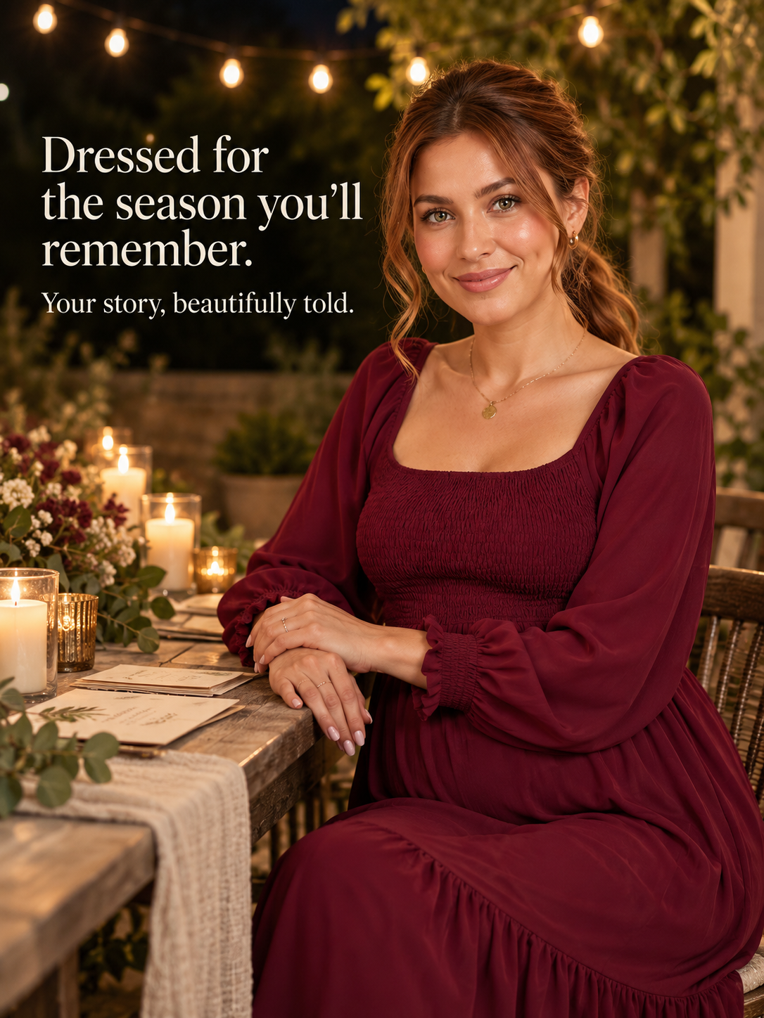 Cecily Wine Red maternity dress — seated at a candlelit outdoor dinner table