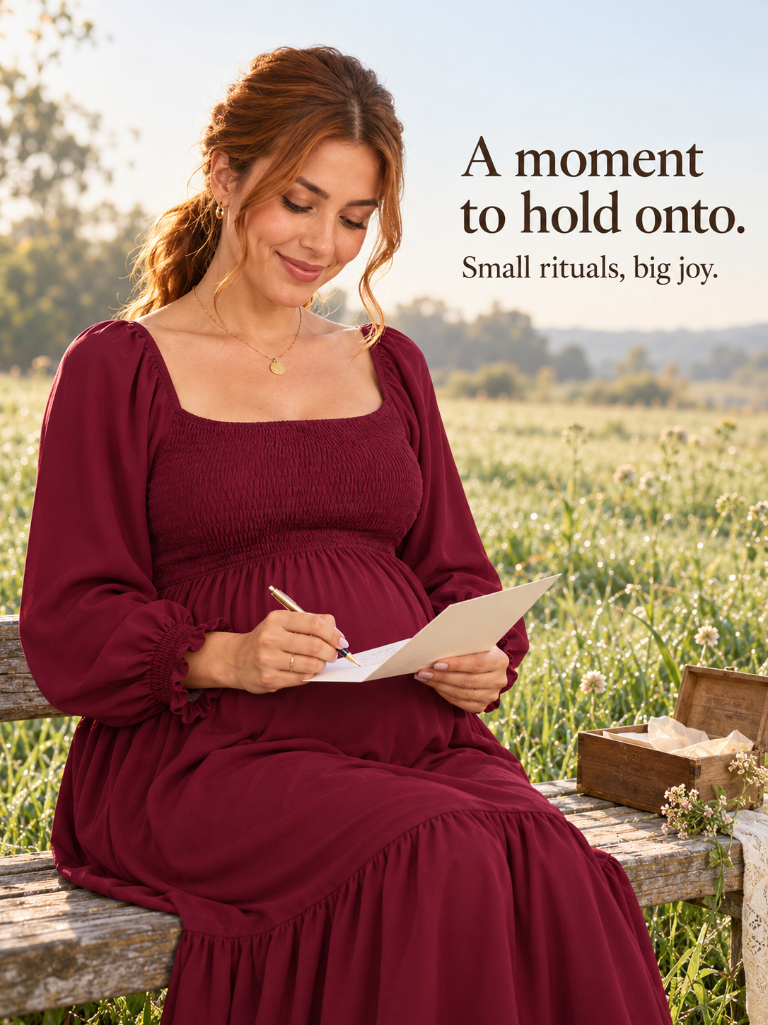 Cecily Wine Red maternity dress — seated in a field, writing a note