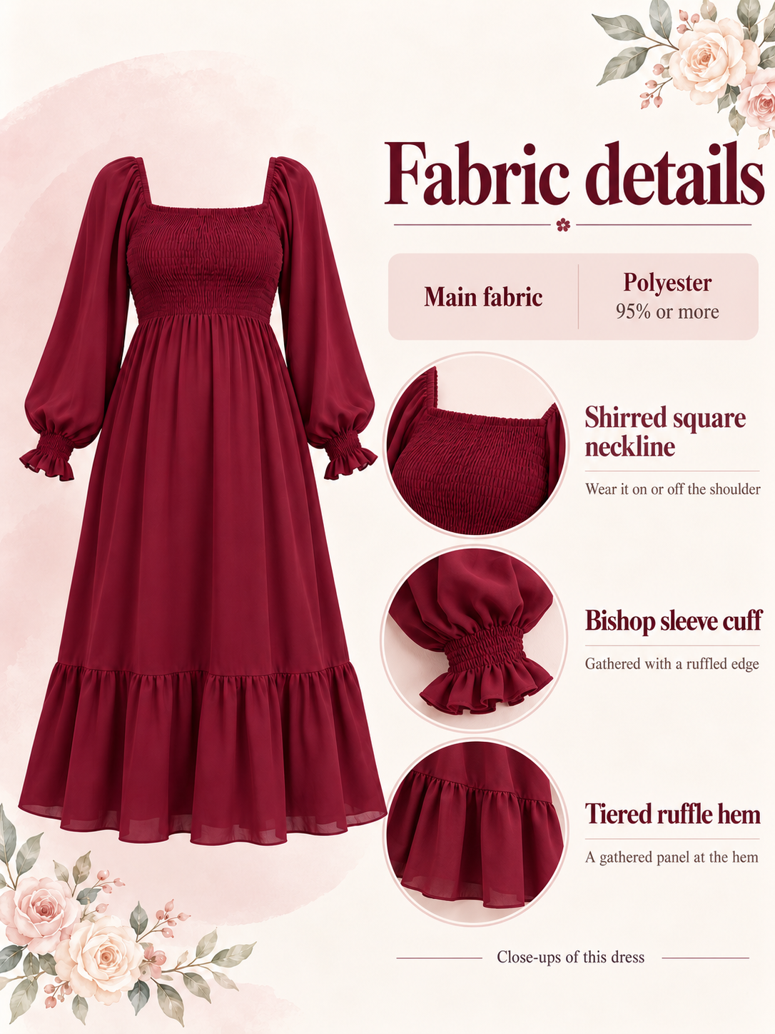 Cecily Wine Red maternity dress — material guide showing the shirred neckline, sleeve cuff and tiered hem