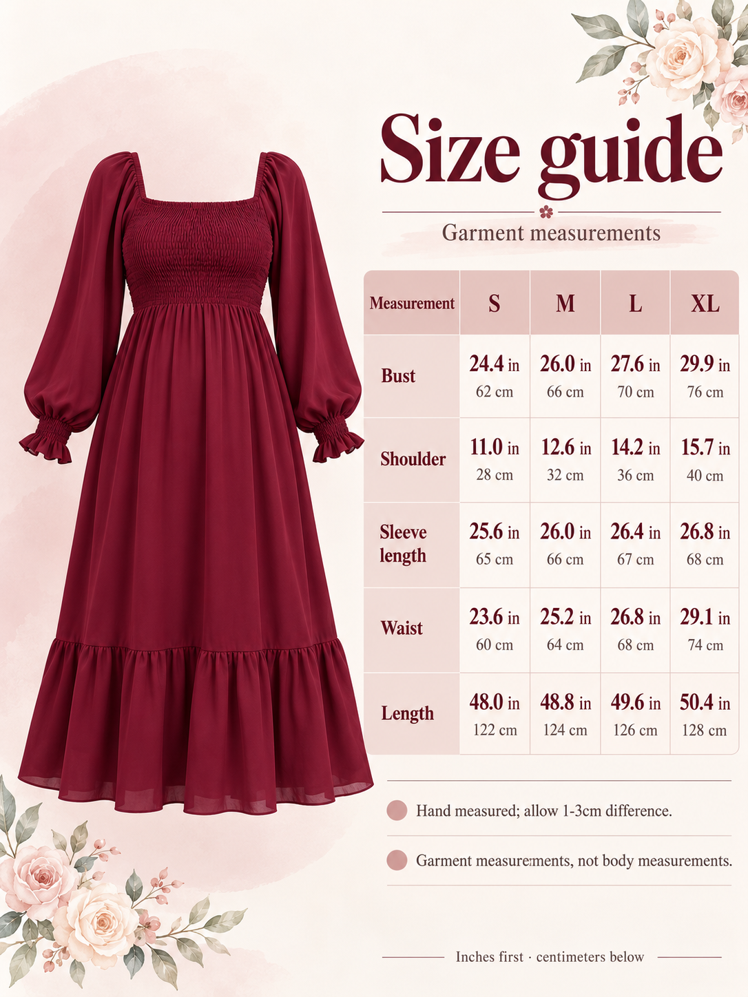 Cecily Wine Red maternity dress — size guide with S to XL garment measurements in inches and centimeters