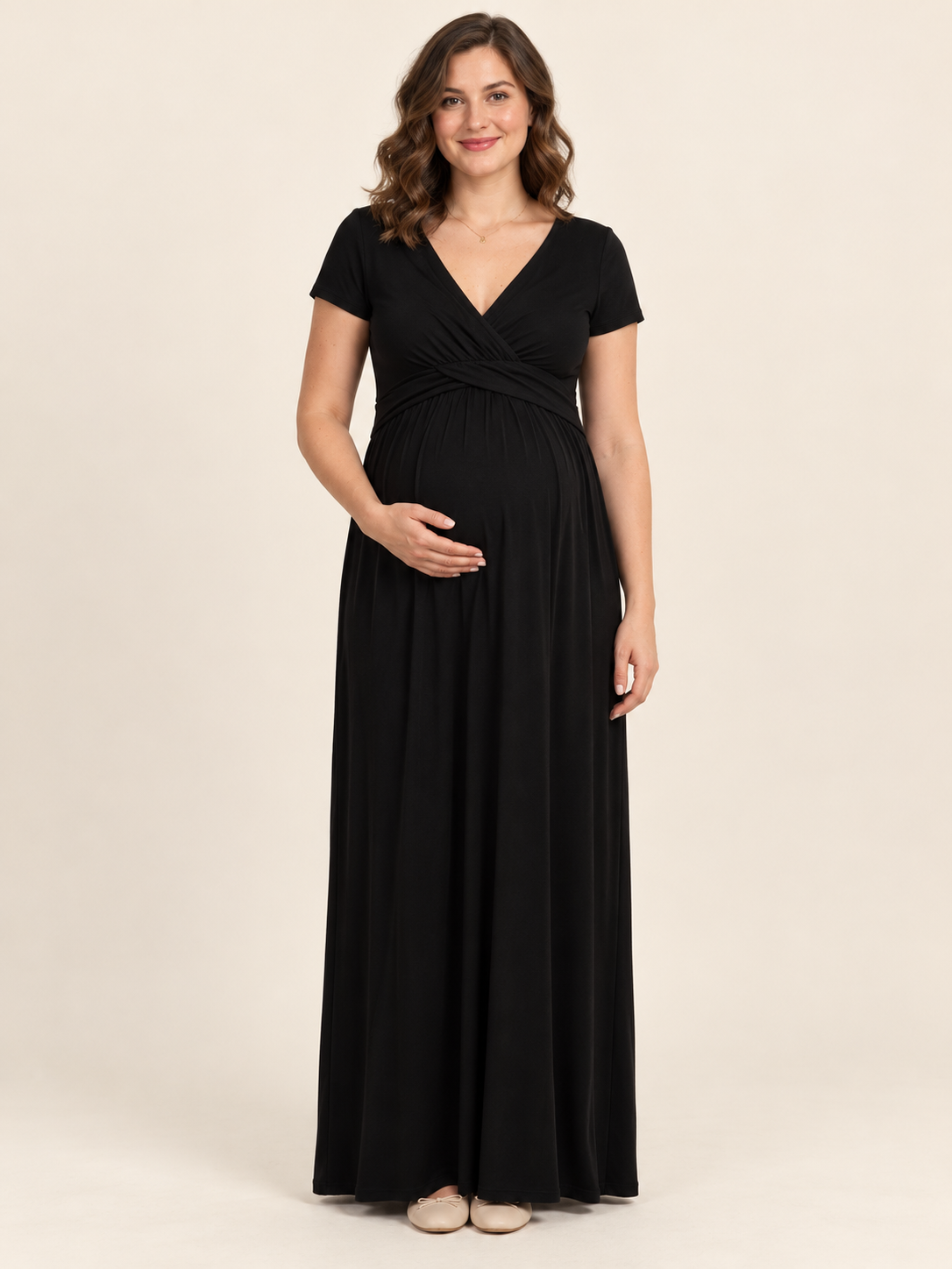 Lydia Black maternity dress — front view with V-neck wrap bodice and flowing maxi skirt