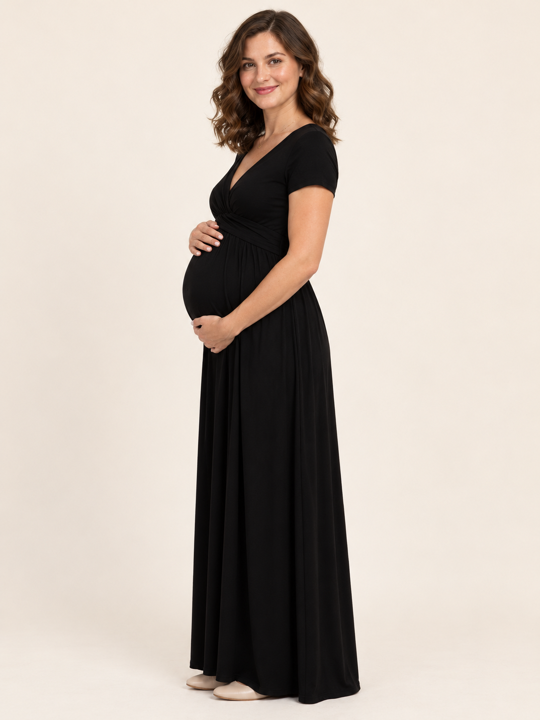Lydia Black maternity dress — side view of the wrap waist and maternity silhouette