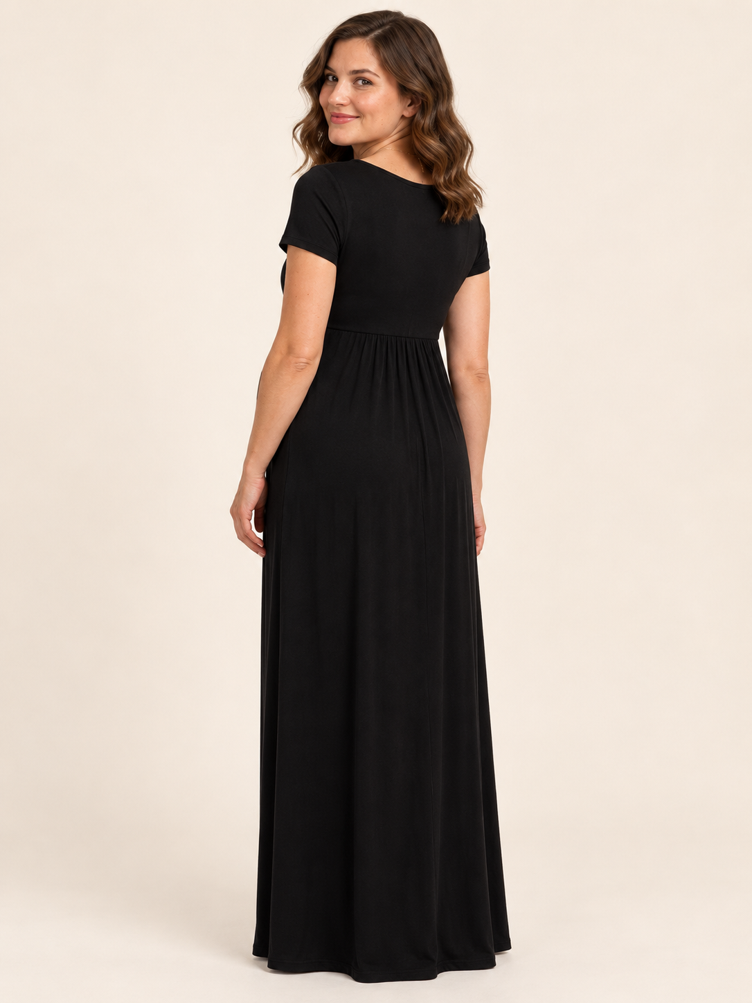 Lydia Black maternity dress — back view of the plain gathered bodice and maxi skirt