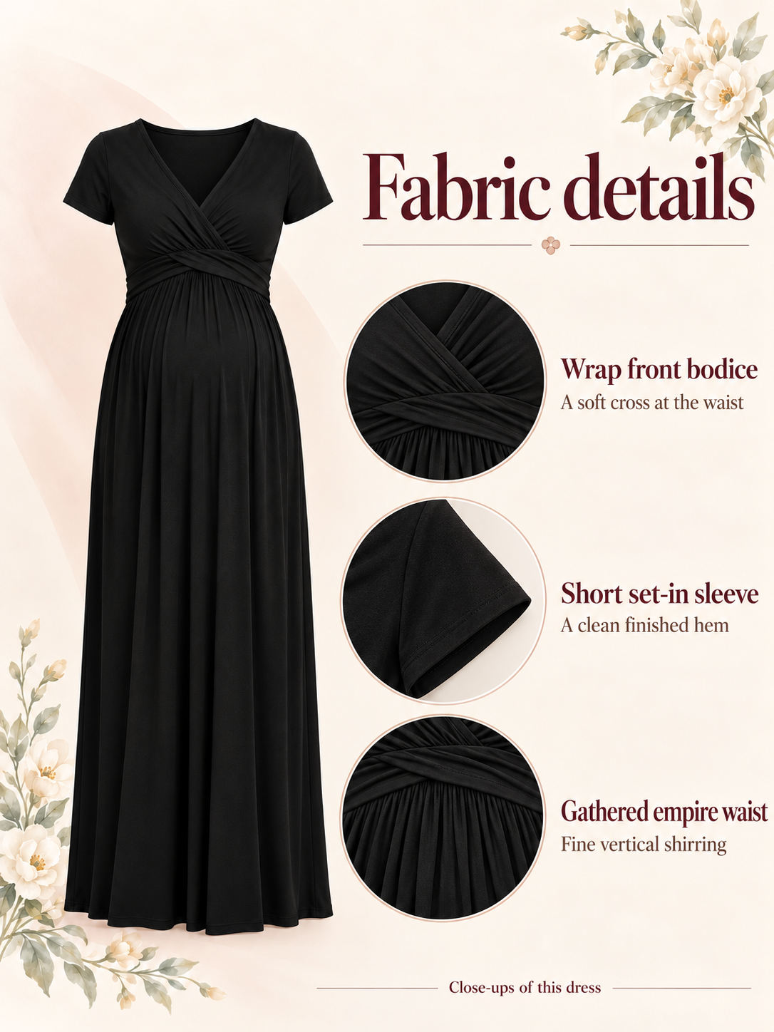 Lydia Black maternity dress — material guide showing the wrap bodice, sleeve hem and gathered waist
