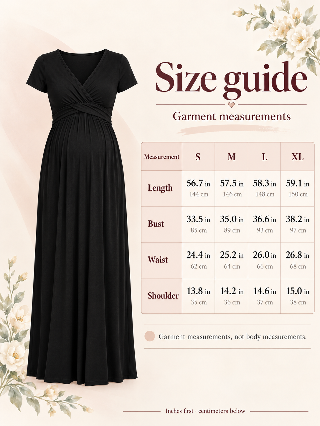 Lydia Black maternity dress — size guide with S to XL garment measurements in inches and centimeters