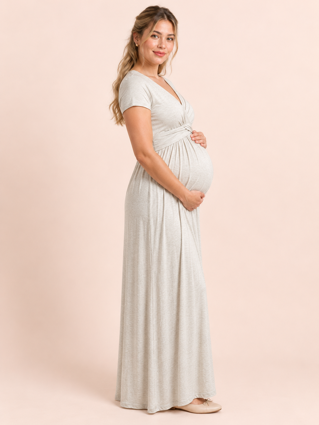 Lydia Heather Gray maternity dress — side view of the wrap waist and maternity silhouette