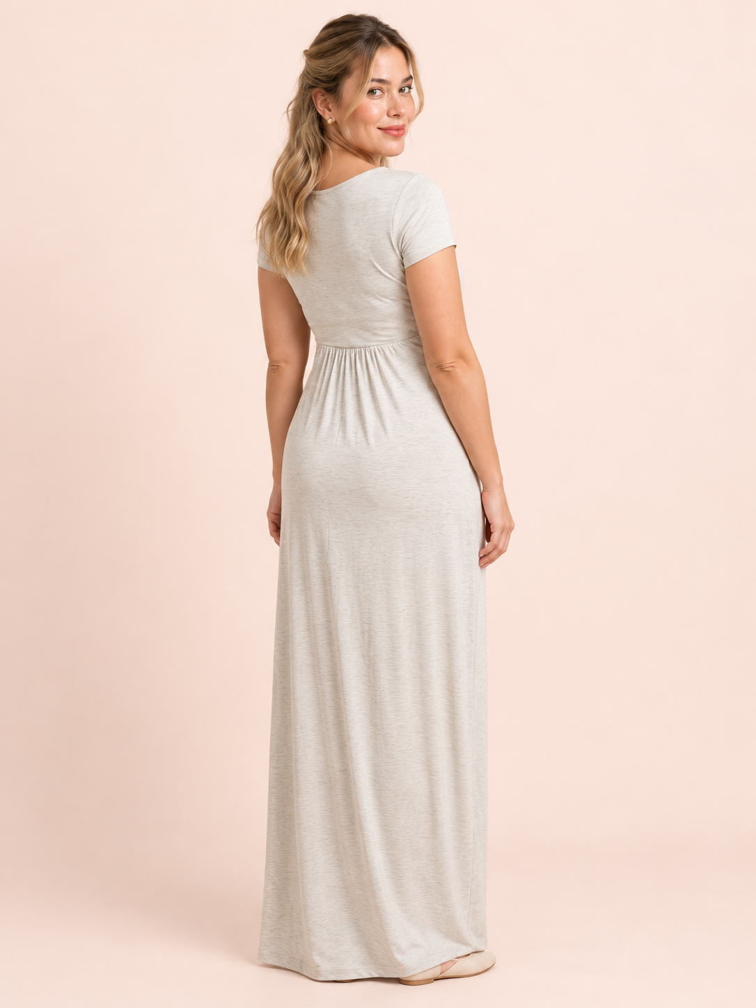 Lydia Heather Gray maternity dress — back view of the plain gathered bodice and maxi skirt