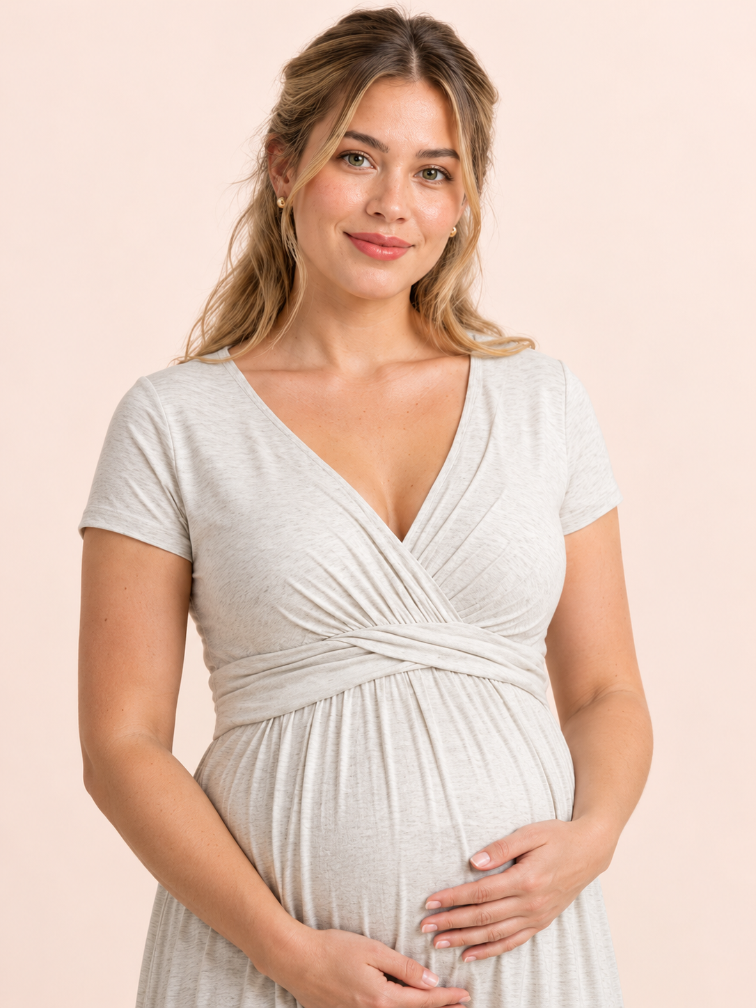 Lydia Heather Gray maternity dress — V-neck neckline and wrap bodice close-up