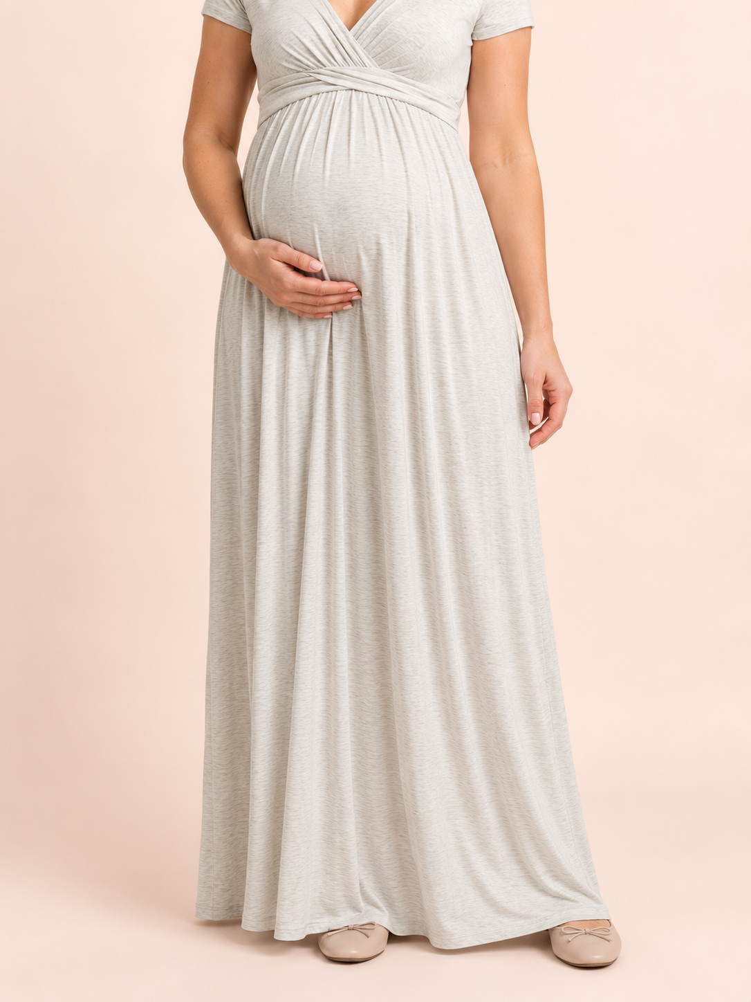 Lydia Heather Gray maternity dress — gathered waist and bump close-up