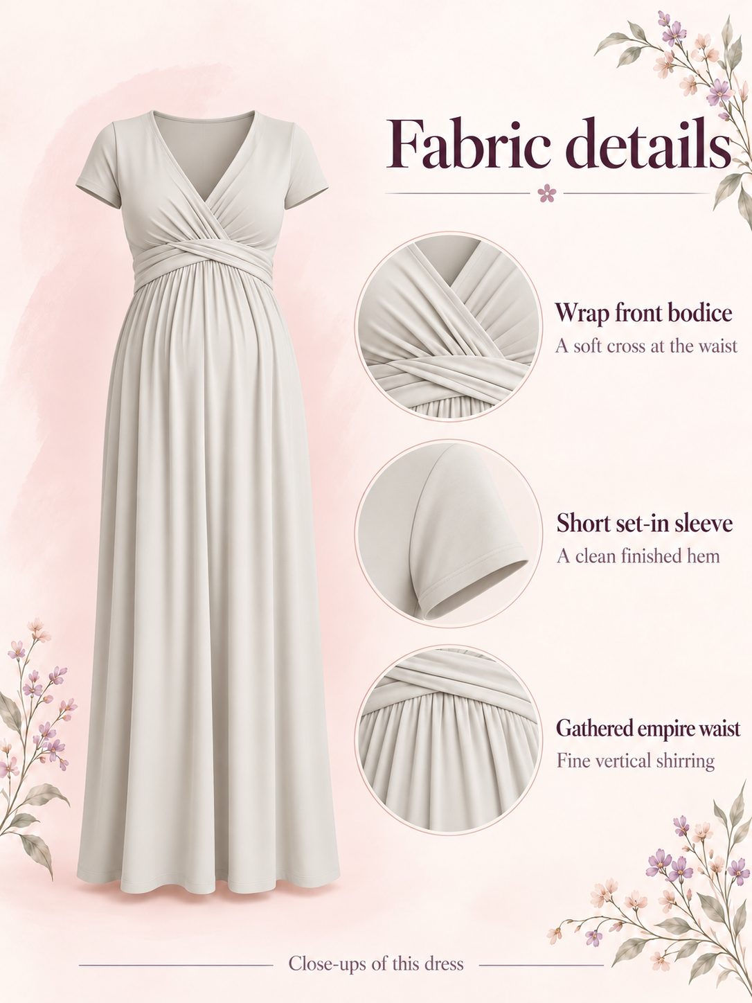 Lydia Heather Gray maternity dress — material guide showing the wrap bodice, sleeve hem and gathered waist