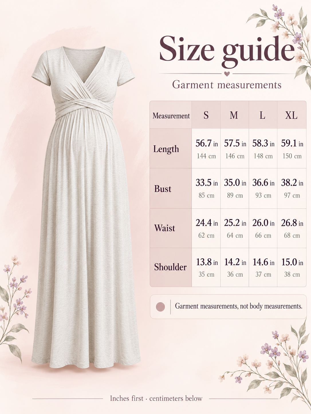 Lydia Heather Gray maternity dress — size guide with S to XL garment measurements in inches and centimeters